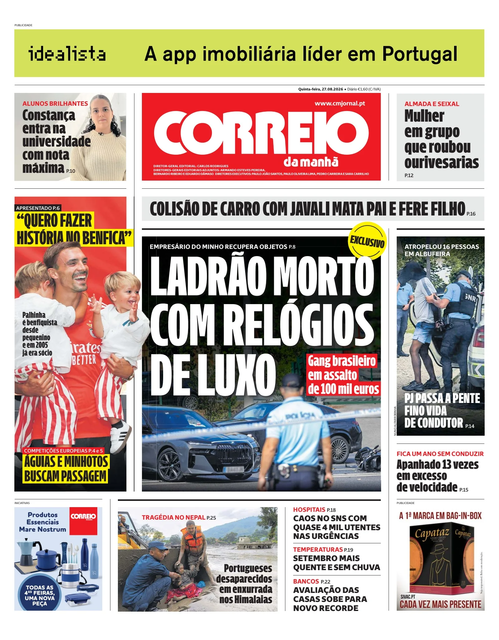 Capa do Correio da Manhã de quinta-feira, 27 de agosto de 2026