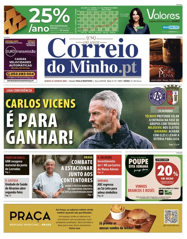 Capa do Correio do Minho de quinta-feira, 27 de agosto de 2026