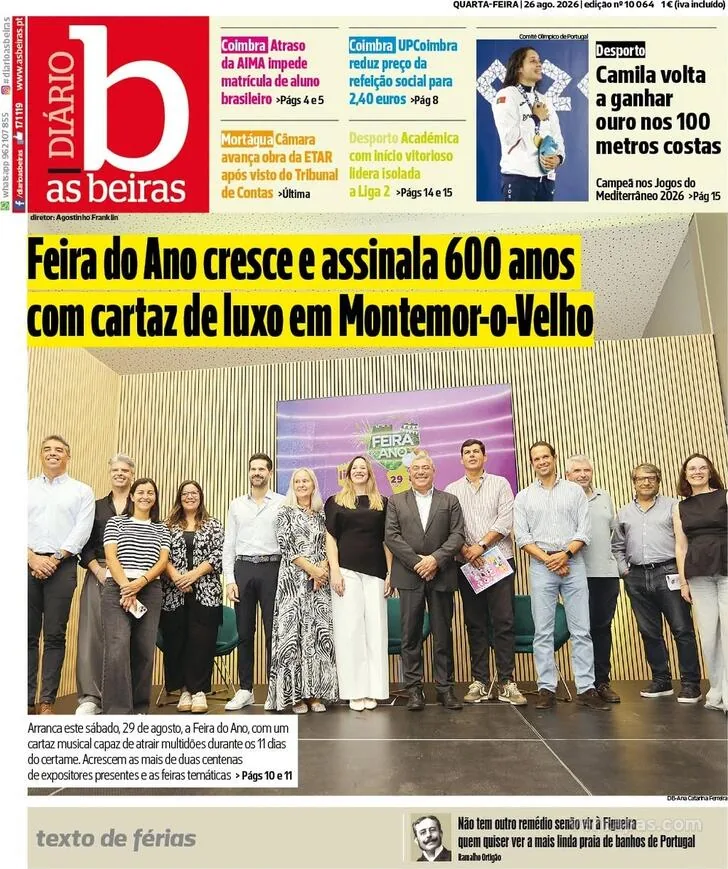 Capa do Diário As Beiras de quinta-feira, 27 de agosto de 2026