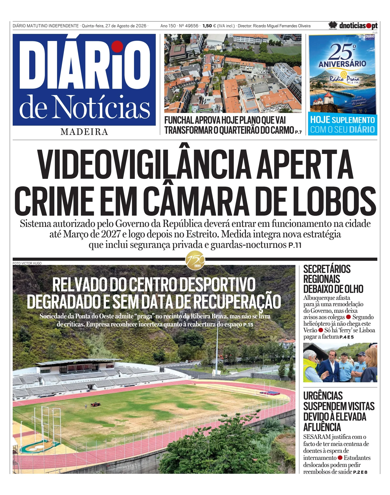 Capa do Diário de Notícias da Madeira de quinta-feira, 27 de agosto de 2026
