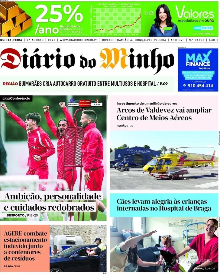 Capa do Diário do Minho de quinta-feira, 27 de agosto de 2026