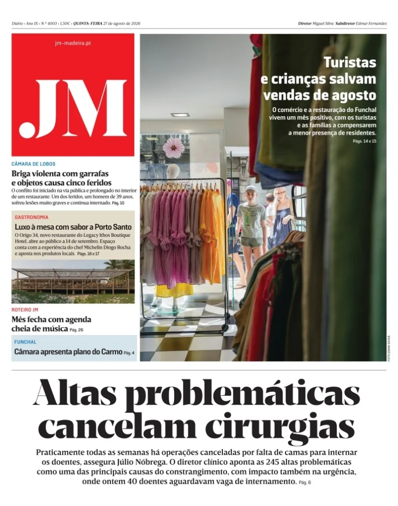 Capa do Jornal da Madeira de quinta-feira, 27 de agosto de 2026