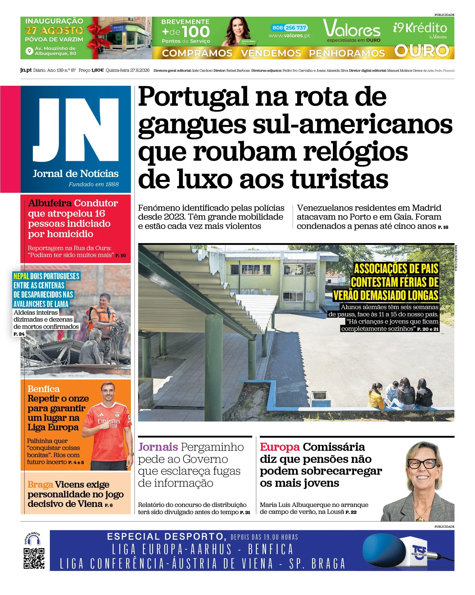 Capa do Jornal de Notícias de quinta-feira, 27 de agosto de 2026
