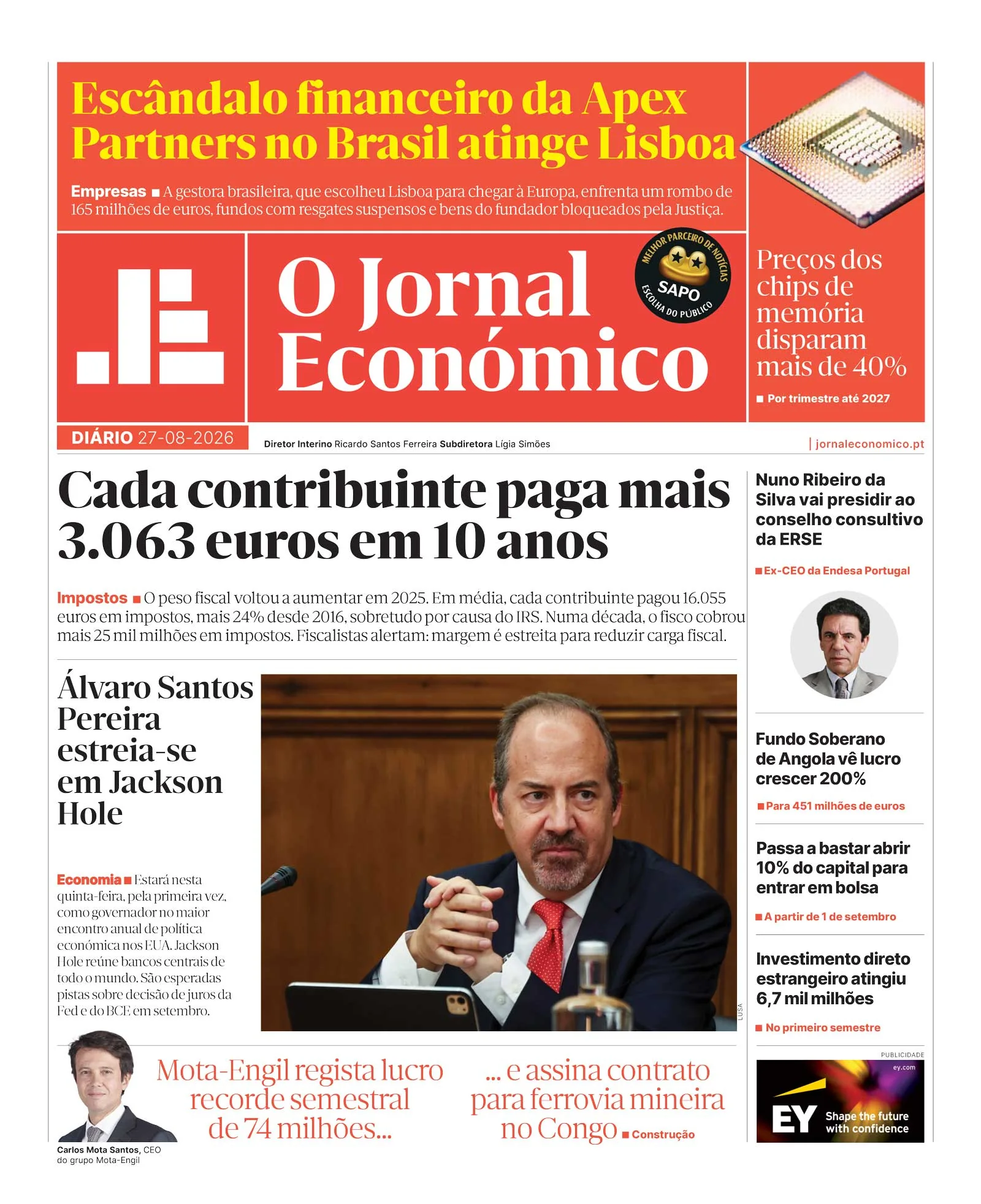 Capa do Jornal Económico de quinta-feira, 27 de agosto de 2026