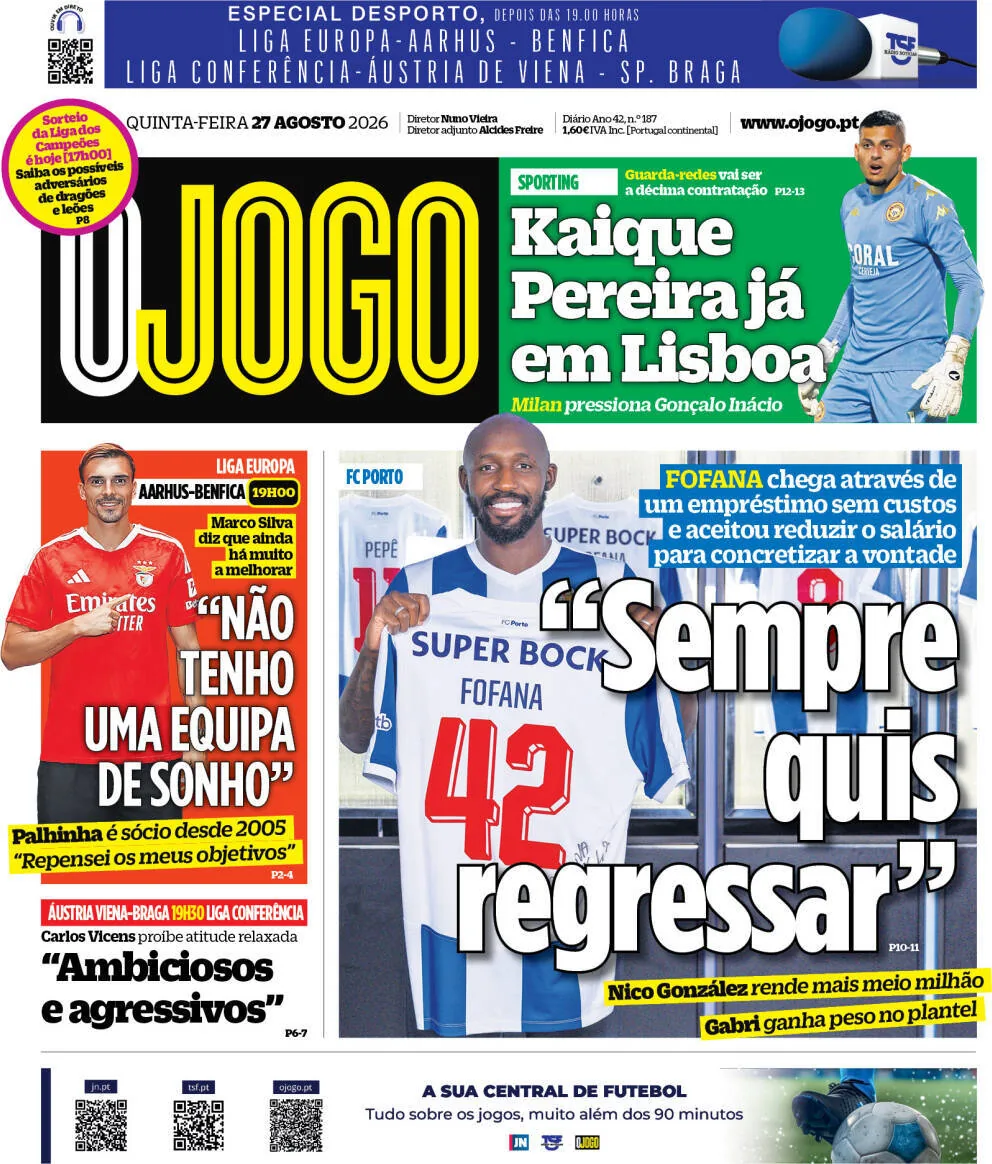 Capa do O Jogo de quinta-feira, 27 de agosto de 2026