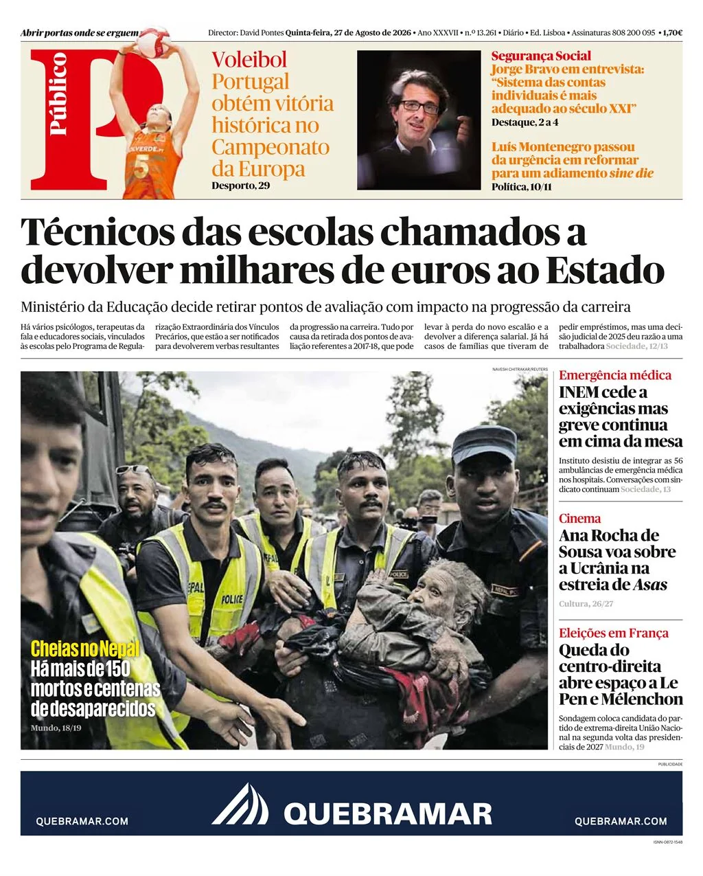 Capa do Público de quinta-feira, 27 de agosto de 2026