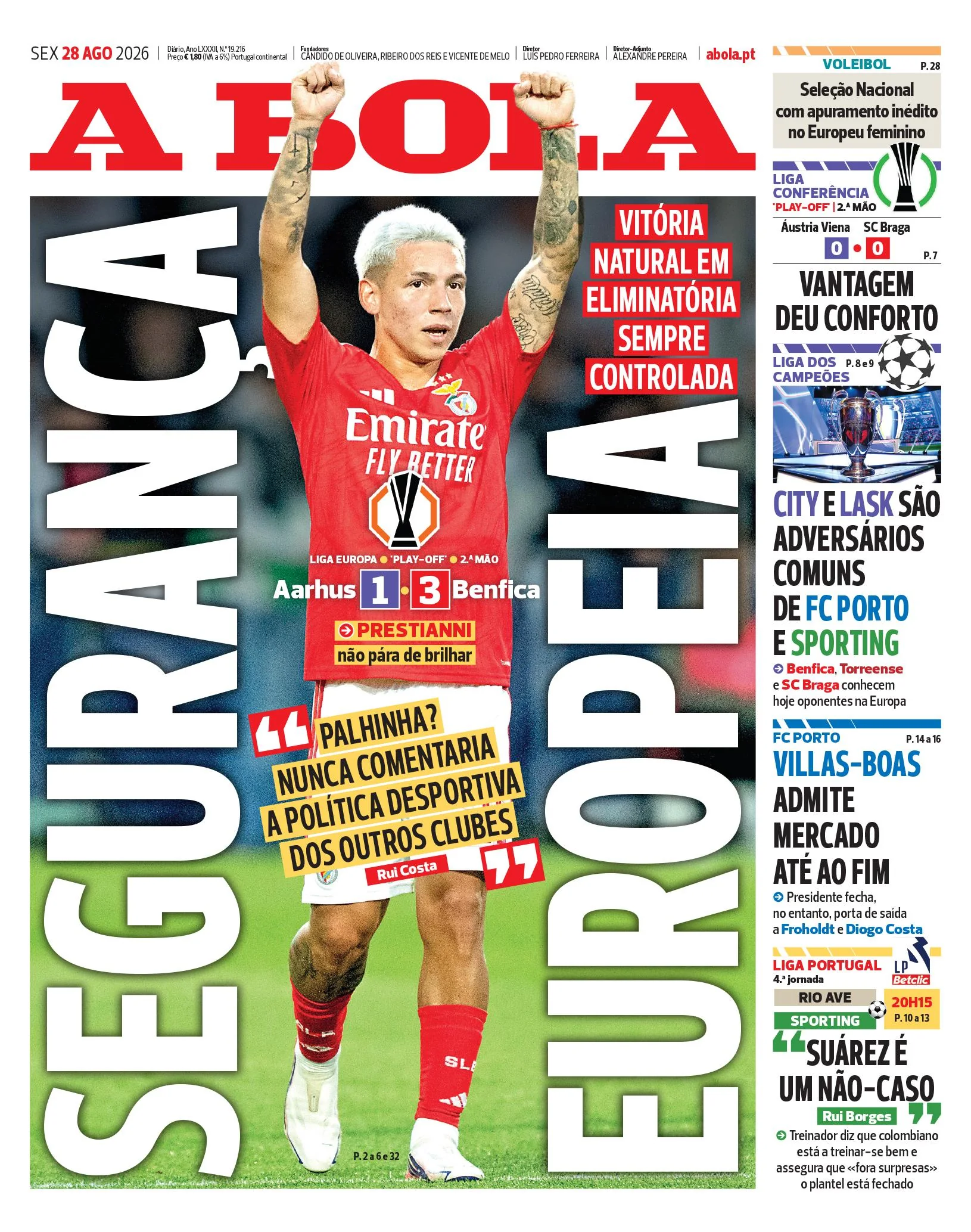 Capa do A Bola de sexta-feira, 28 de agosto de 2026