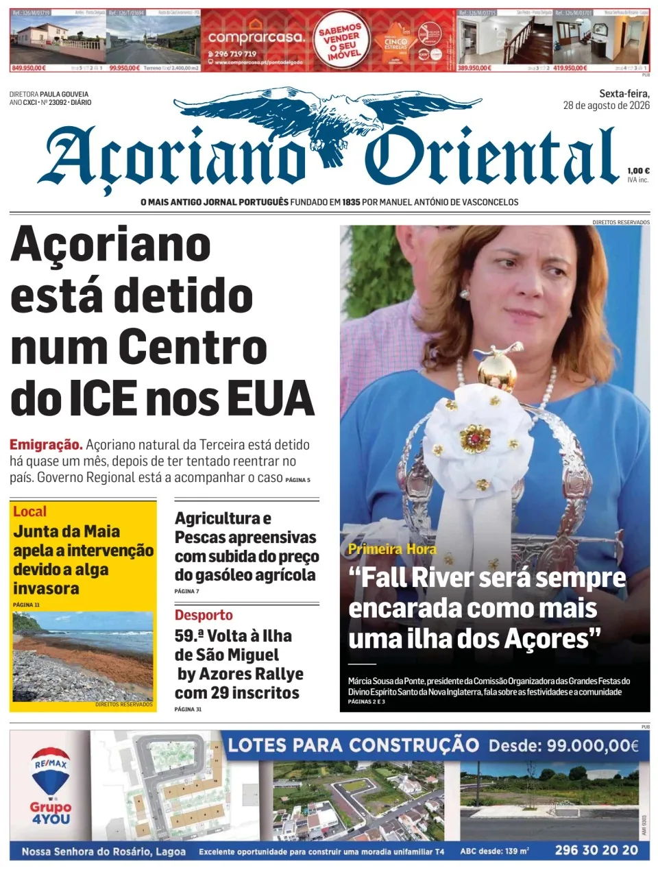 Capa do Açoriano Oriental de sexta-feira, 28 de agosto de 2026