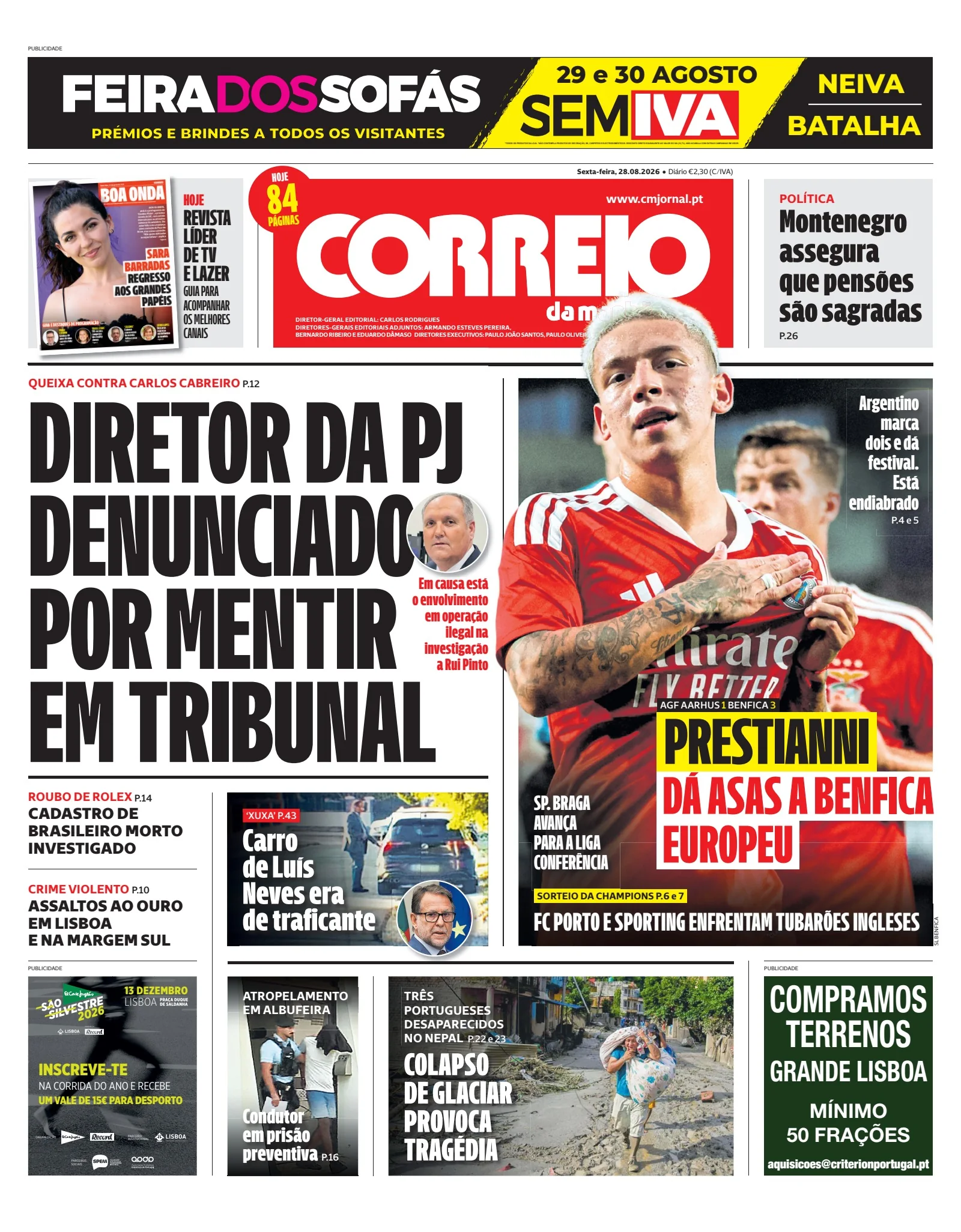 Capa do Correio da Manhã de sexta-feira, 28 de agosto de 2026