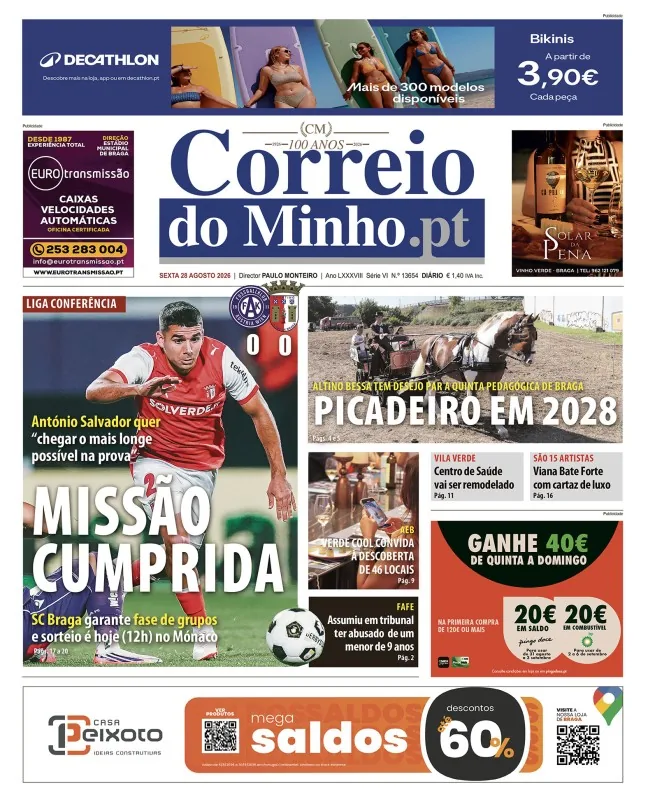 Capa do Correio do Minho de sexta-feira, 28 de agosto de 2026