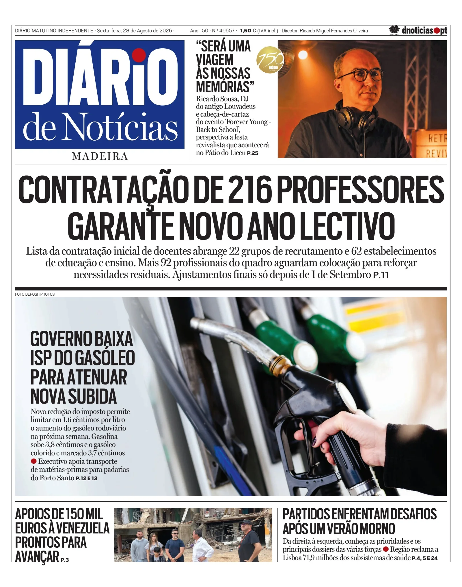 Capa do Diário de Notícias da Madeira de sexta-feira, 28 de agosto de 2026