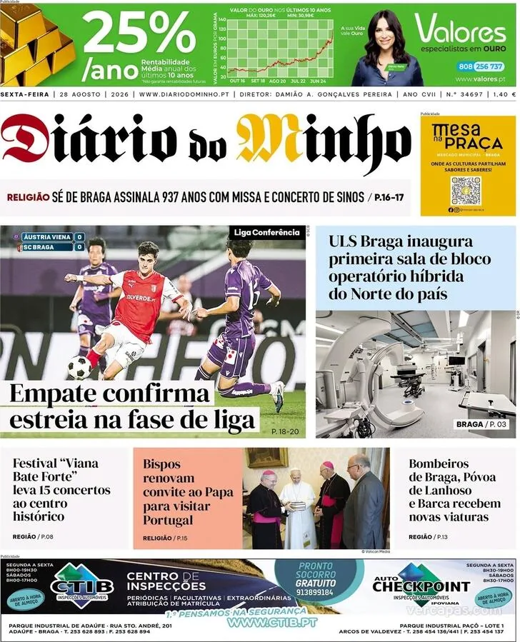 Capa do Diário do Minho de sexta-feira, 28 de agosto de 2026