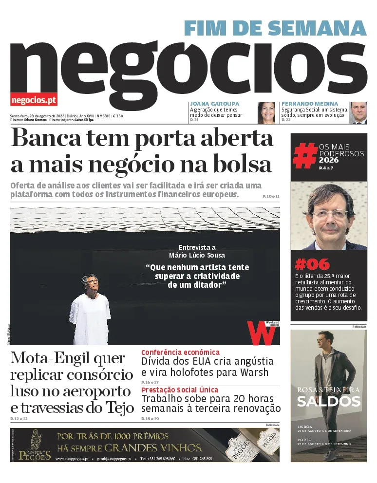 Capa do Jornal de Negócios de sexta-feira, 28 de agosto de 2026