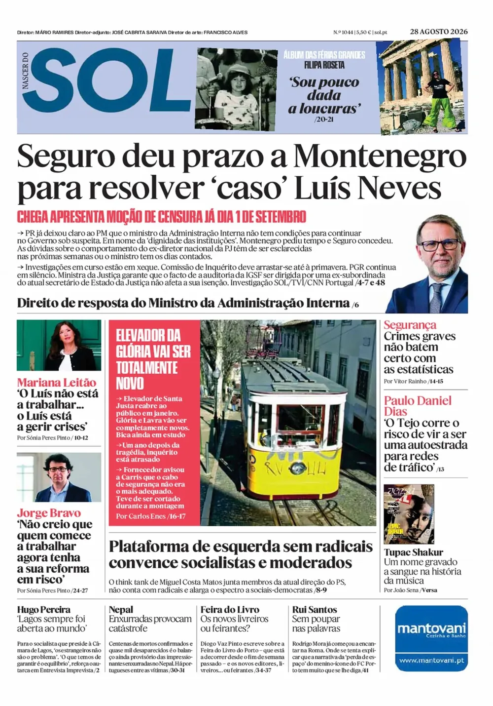 Capa do Nascer do SOL de sexta-feira, 28 de agosto de 2026