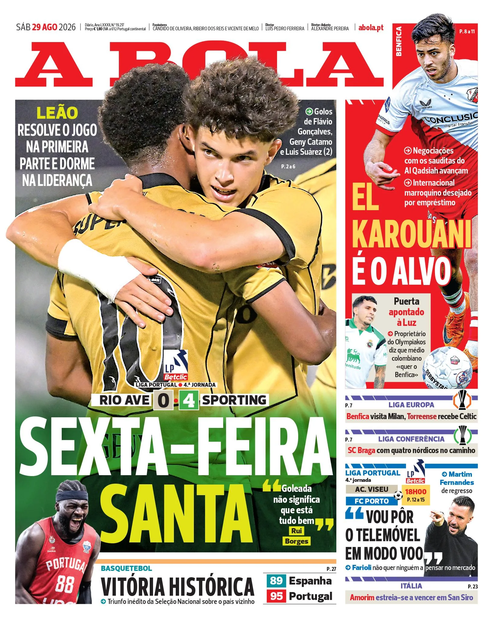 Capa do A Bola de sábado, 29 de agosto de 2026