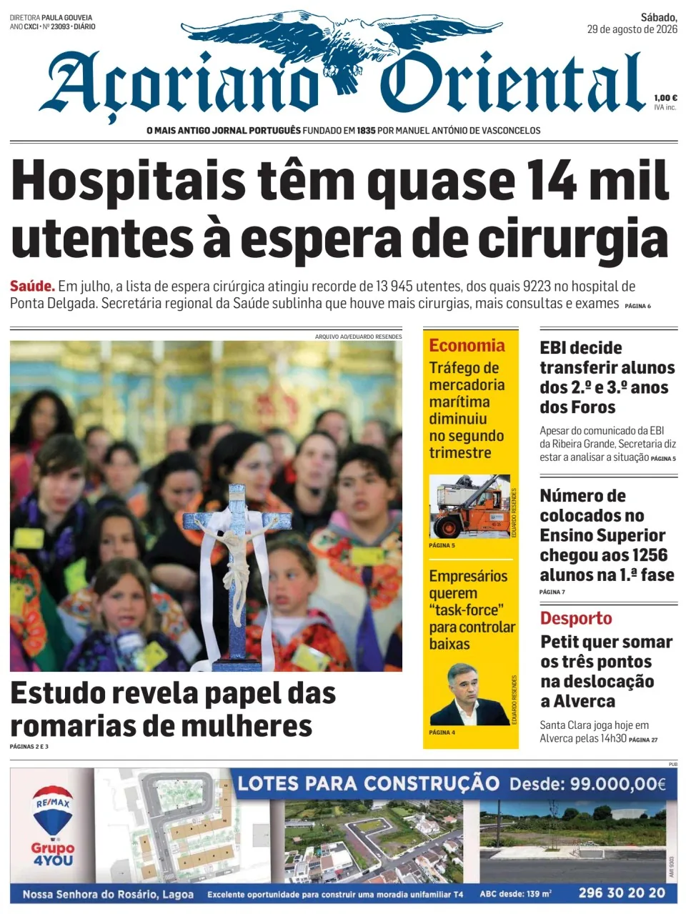 Capa do Açoriano Oriental de sábado, 29 de agosto de 2026