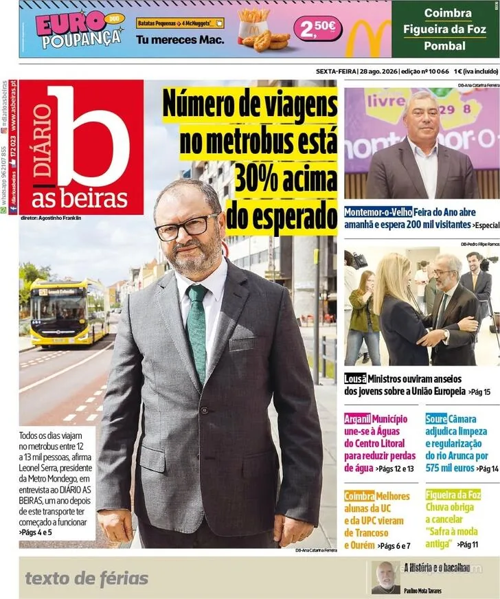 Capa do Diário As Beiras de sábado, 29 de agosto de 2026