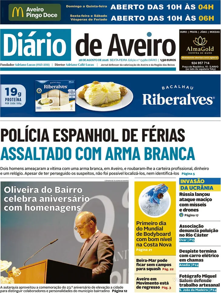 Capa do Diário de Aveiro de sábado, 29 de agosto de 2026