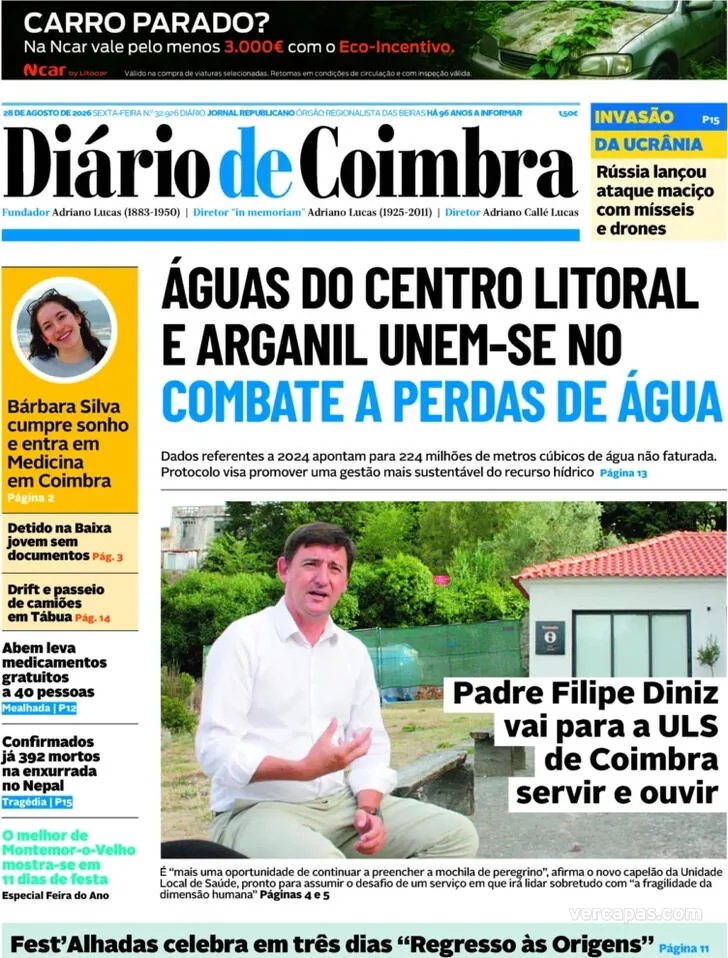 Capa do Diário de Coimbra de sábado, 29 de agosto de 2026