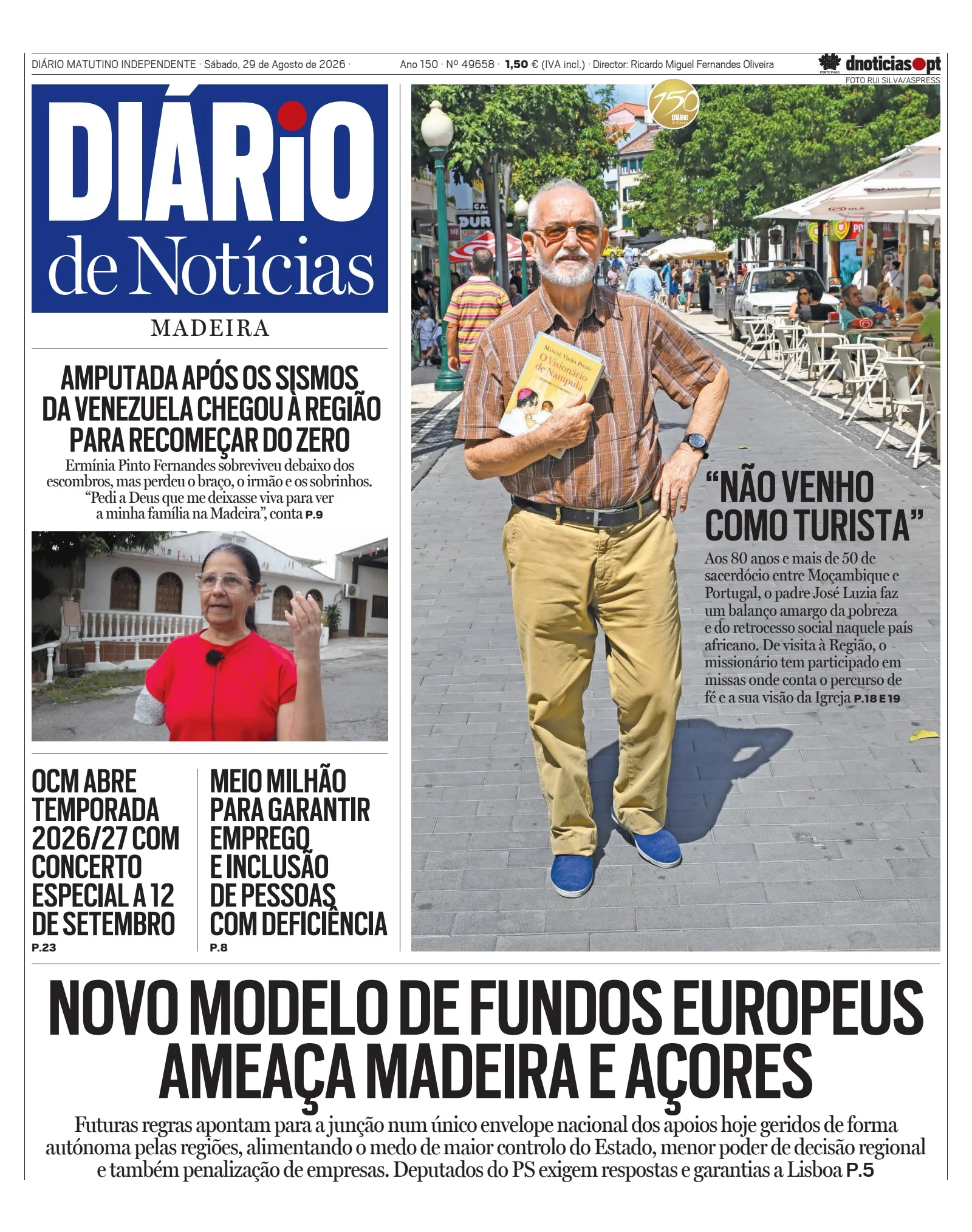Capa do Diário de Notícias da Madeira de sábado, 29 de agosto de 2026