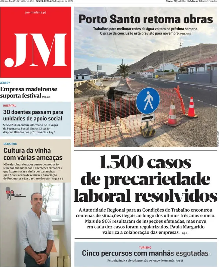 Capa do Jornal da Madeira de sábado, 29 de agosto de 2026