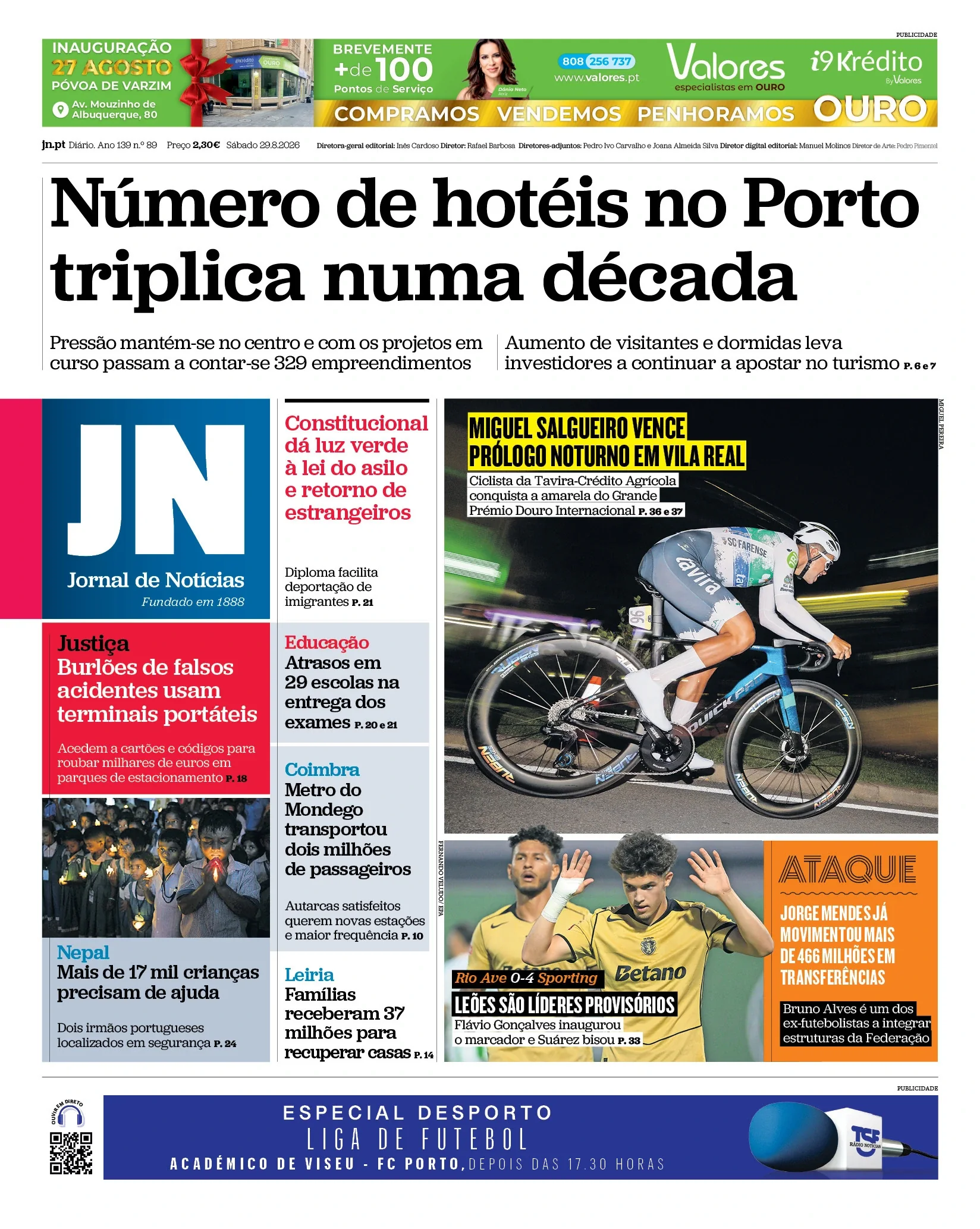Capa do Jornal de Notícias de sábado, 29 de agosto de 2026