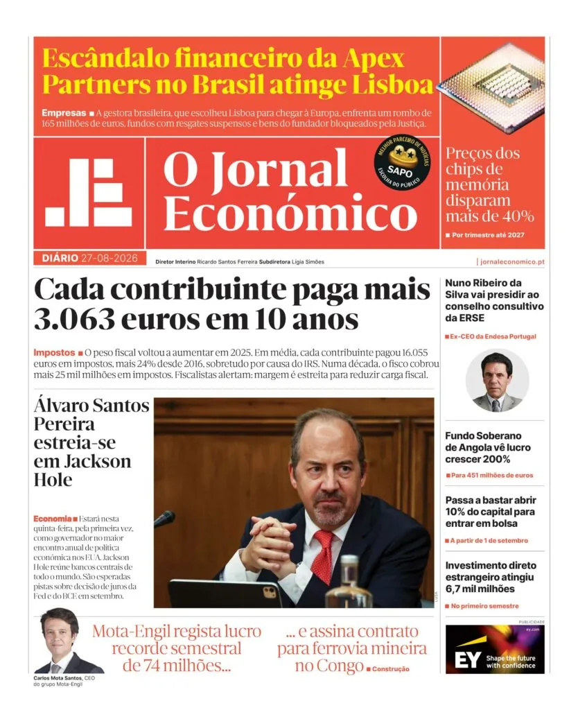 Capa do Jornal Económico de sábado, 29 de agosto de 2026