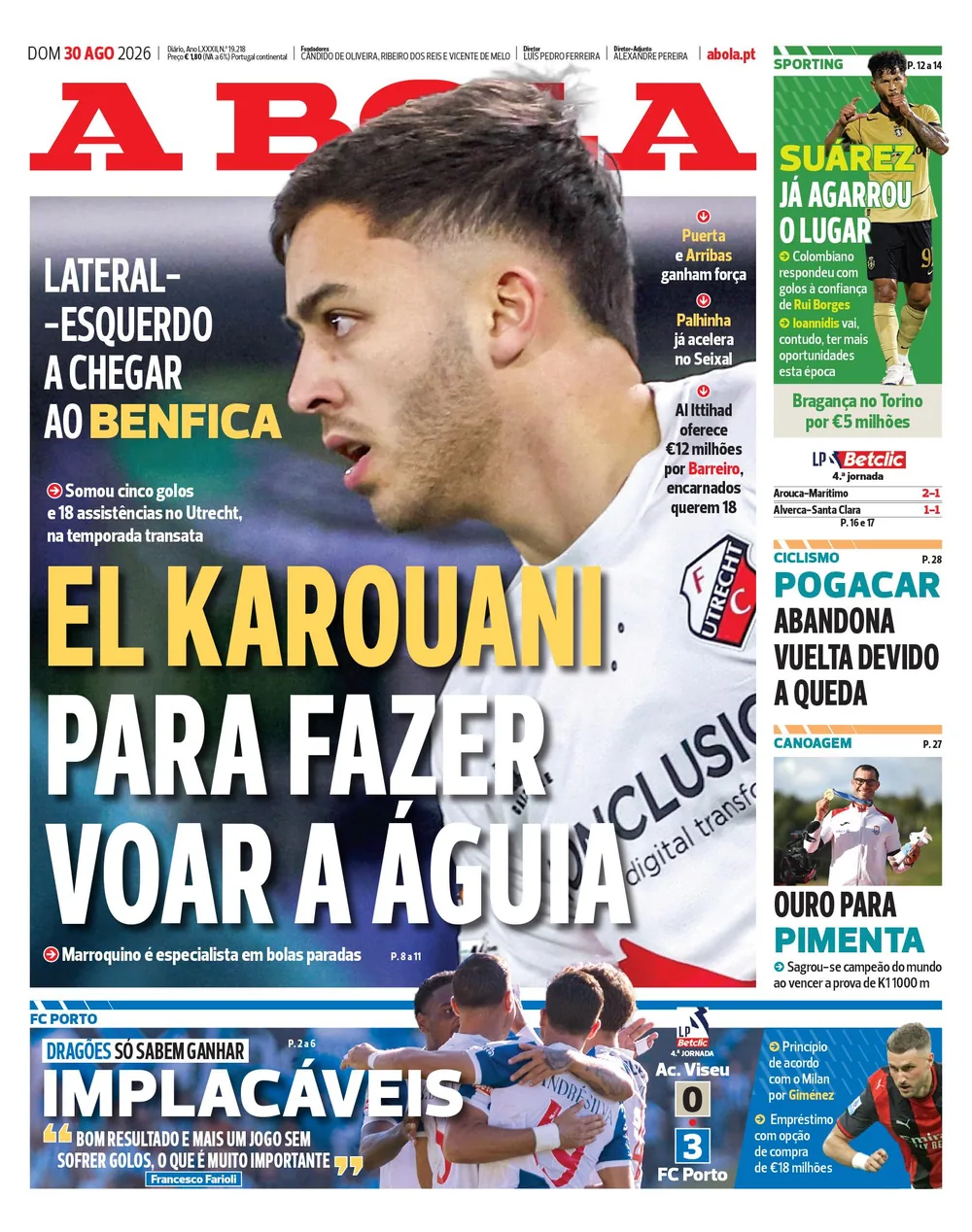 Capa do A Bola de domingo, 30 de agosto de 2026