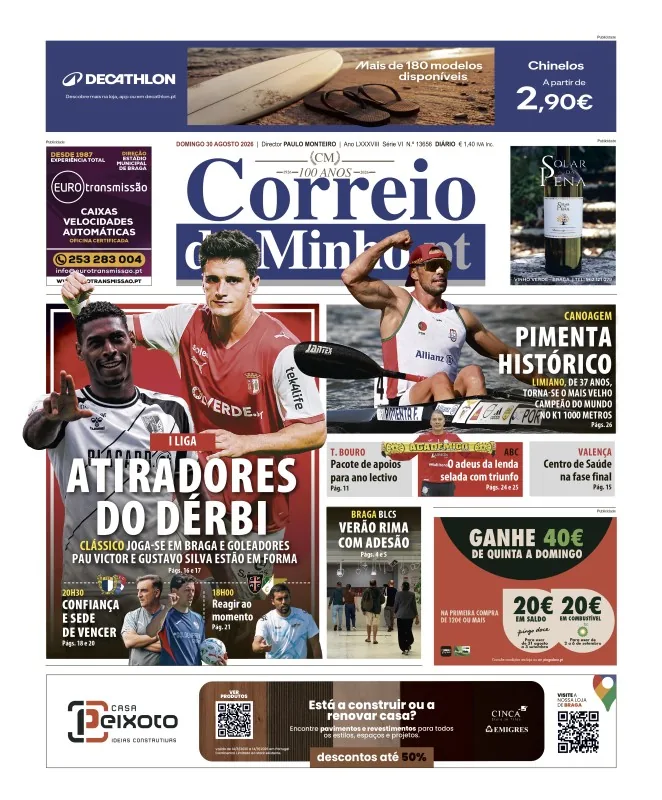 Capa do Correio do Minho de domingo, 30 de agosto de 2026