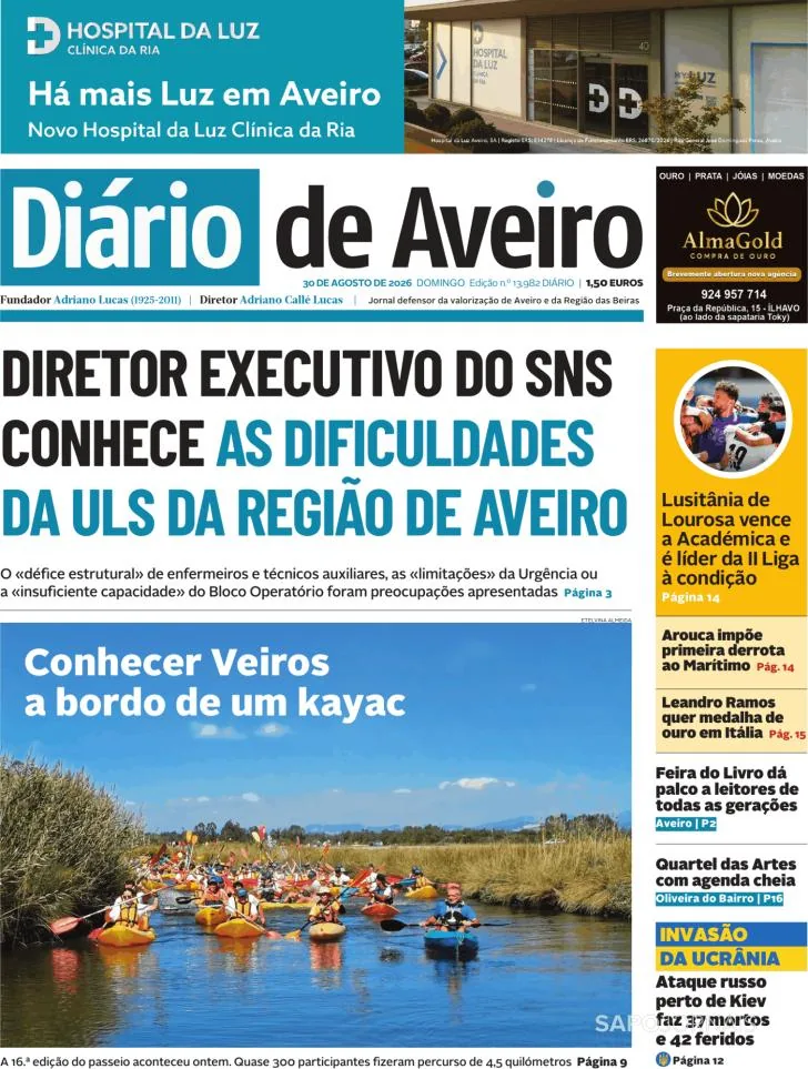 Capa do Diário de Aveiro de domingo, 30 de agosto de 2026
