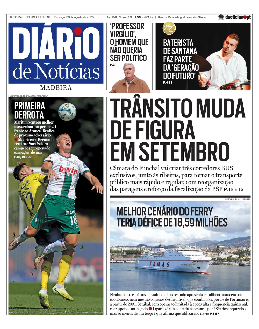 Capa do Diário de Notícias da Madeira de domingo, 30 de agosto de 2026