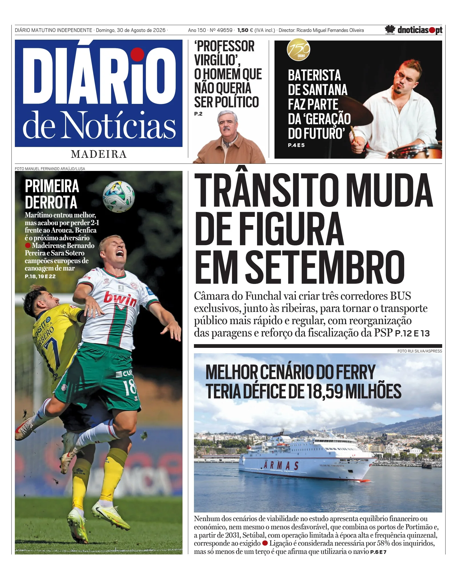 Capa do Diário de Notícias da Madeira de domingo, 30 de agosto de 2026