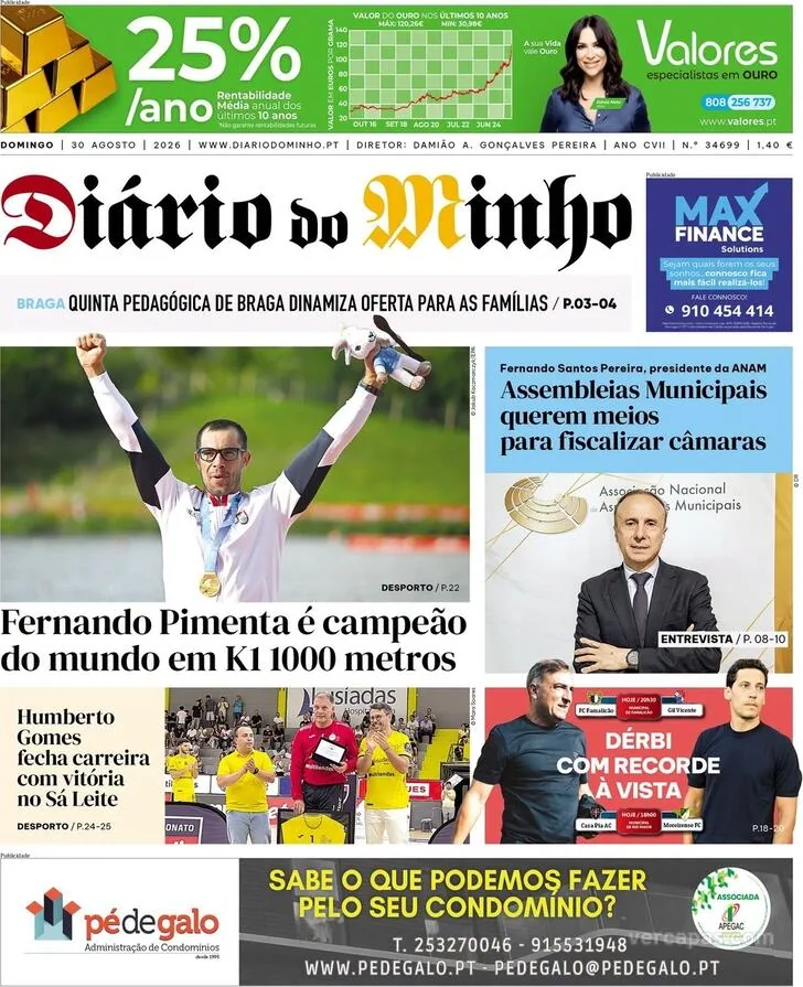 Capa do Diário do Minho de domingo, 30 de agosto de 2026
