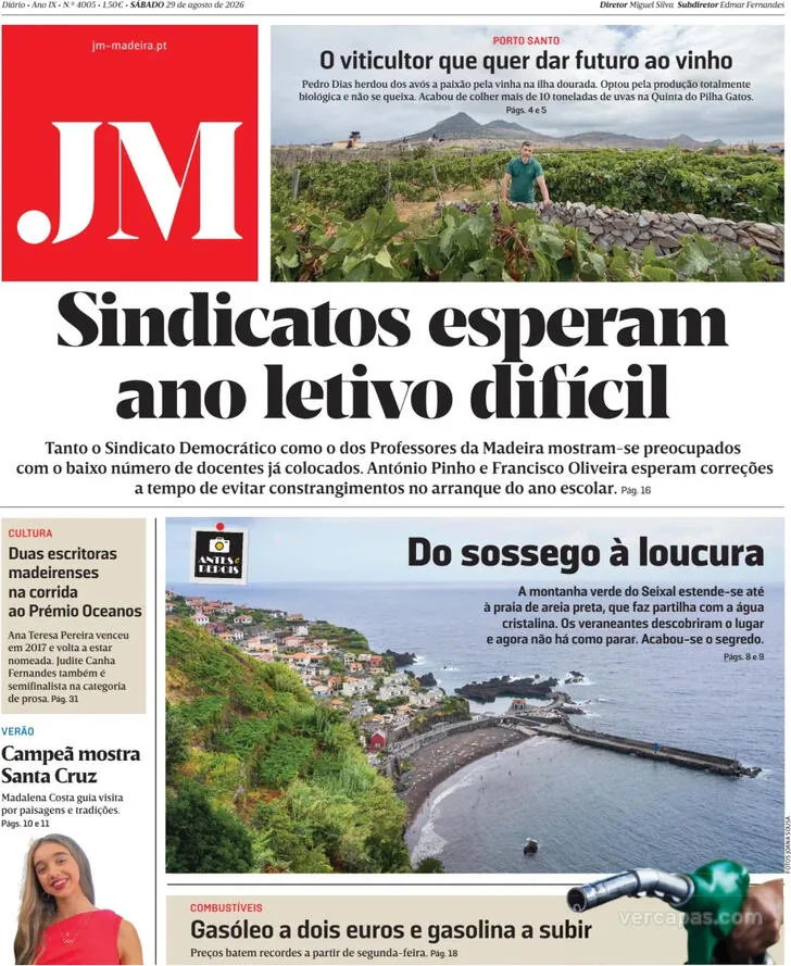 Capa do Jornal da Madeira de domingo, 30 de agosto de 2026