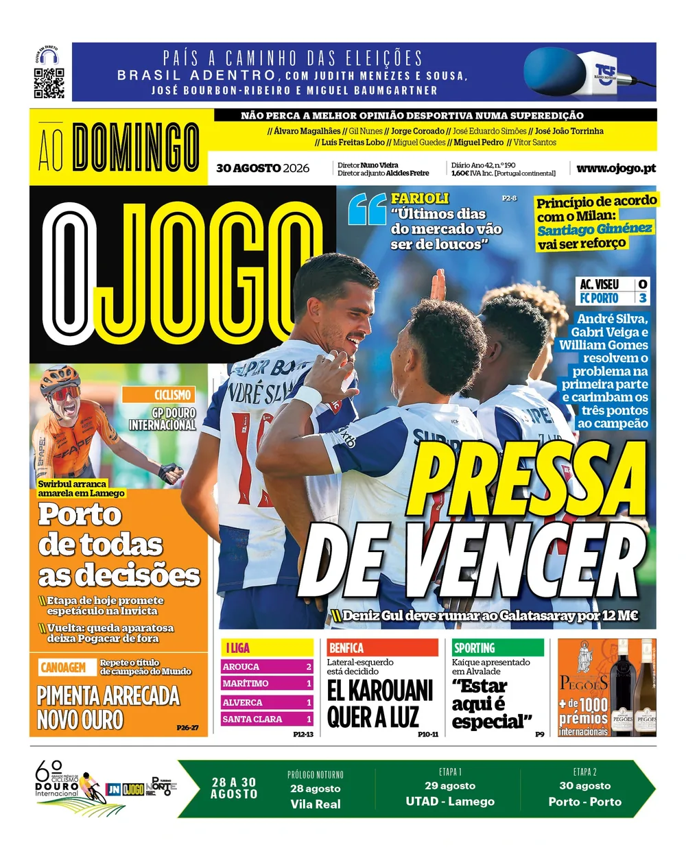 Capa do O Jogo de domingo, 30 de agosto de 2026
