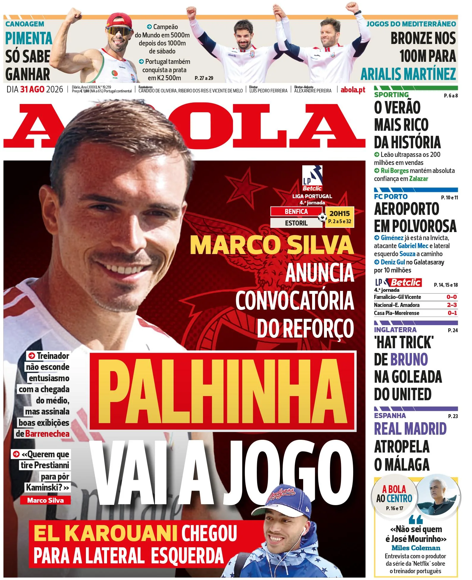 Capa do A Bola de segunda-feira, 31 de agosto de 2026