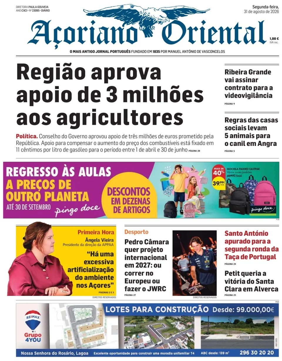 Capa do Açoriano Oriental de segunda-feira, 31 de agosto de 2026