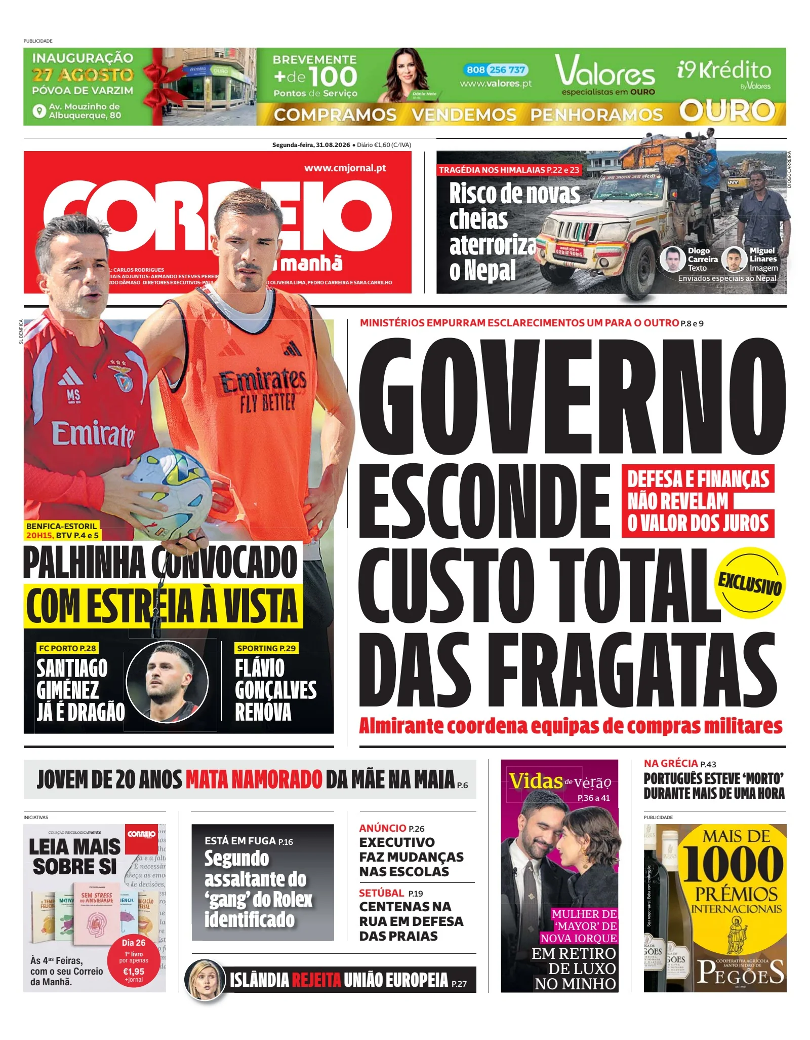 Capa do Correio da Manhã de segunda-feira, 31 de agosto de 2026