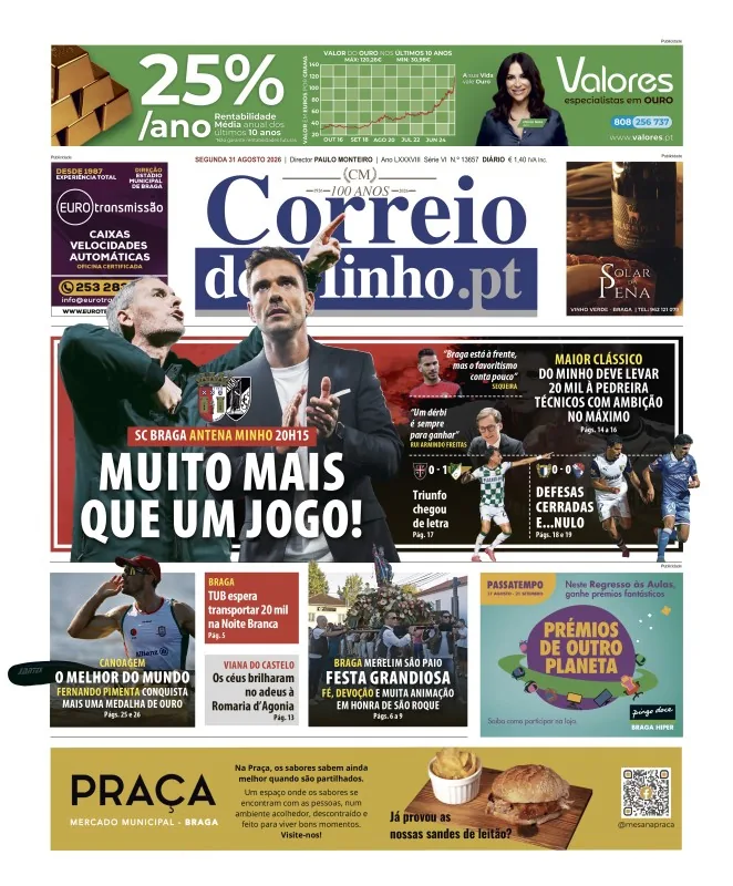 Capa do Correio do Minho de segunda-feira, 31 de agosto de 2026