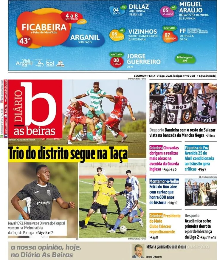 Capa do Diário As Beiras de segunda-feira, 31 de agosto de 2026