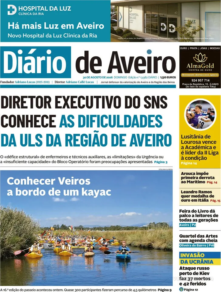 Capa do Diário de Aveiro de segunda-feira, 31 de agosto de 2026