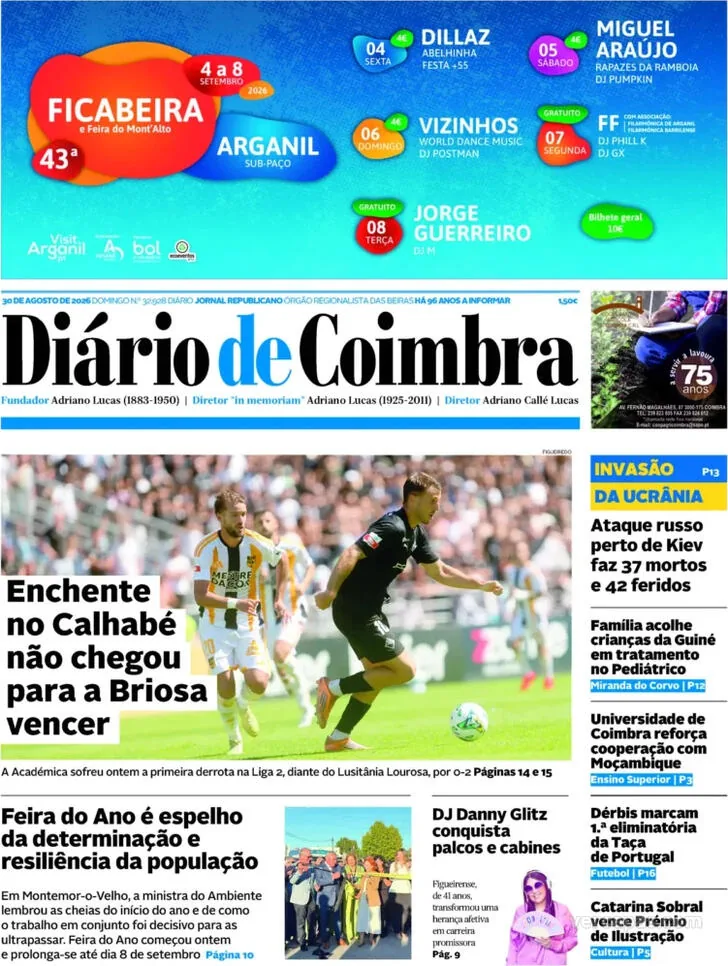 Capa do Diário de Coimbra de segunda-feira, 31 de agosto de 2026