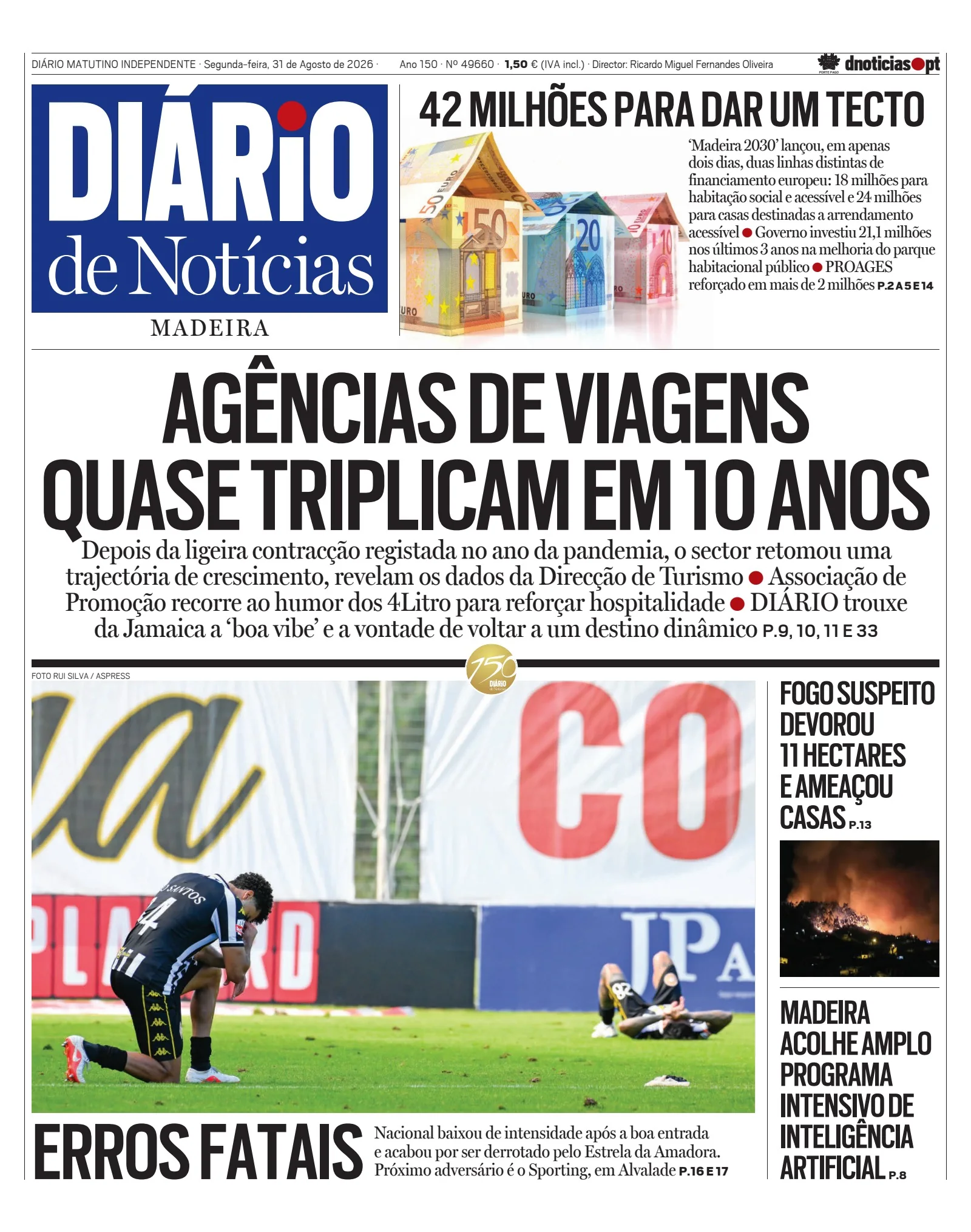 Capa do Diário de Notícias da Madeira de segunda-feira, 31 de agosto de 2026