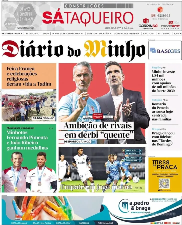 Capa do Diário do Minho de segunda-feira, 31 de agosto de 2026
