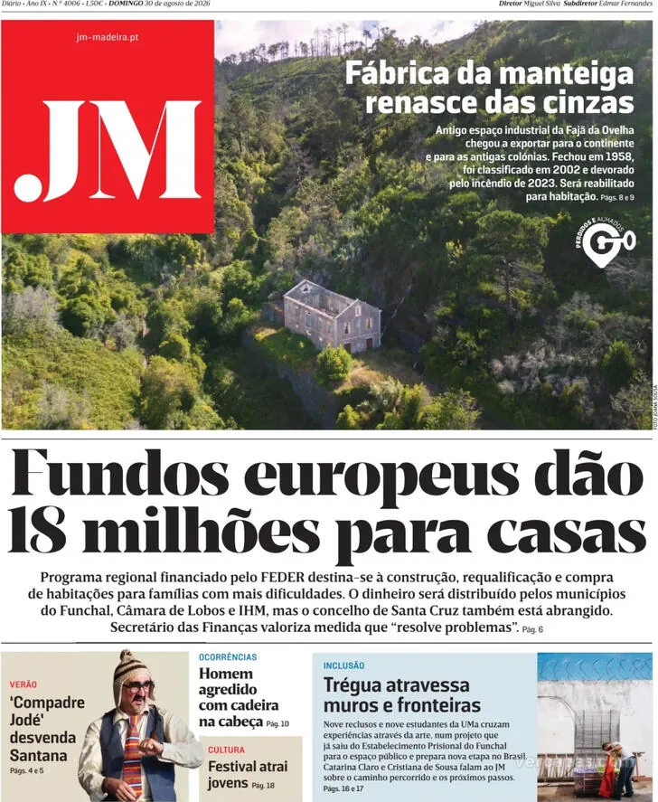Capa do Jornal da Madeira de segunda-feira, 31 de agosto de 2026