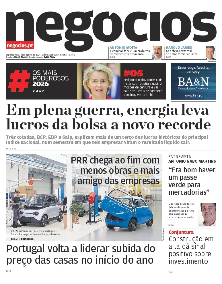Capa do Jornal de Negócios de segunda-feira, 31 de agosto de 2026
