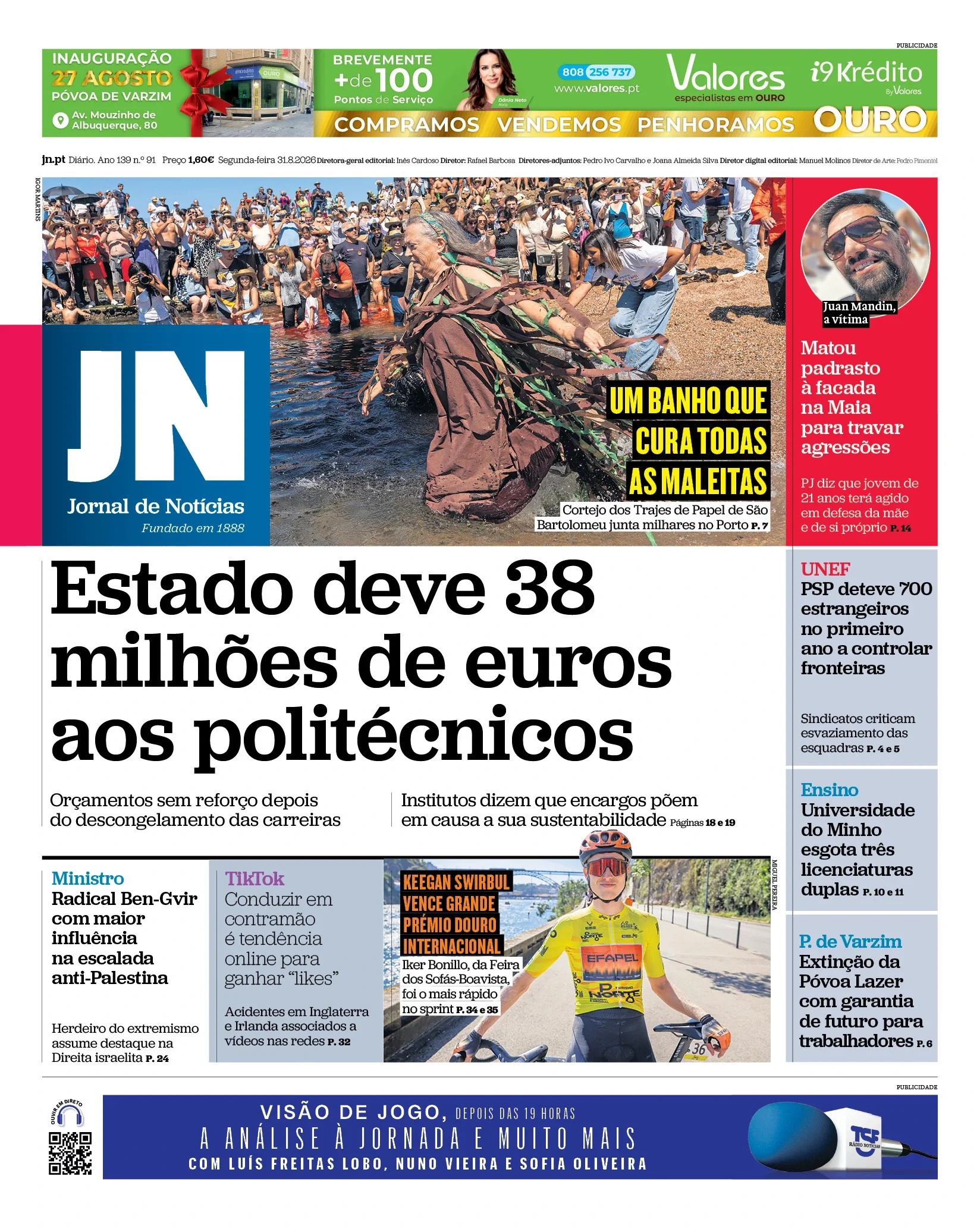 Capa do Jornal de Notícias de segunda-feira, 31 de agosto de 2026