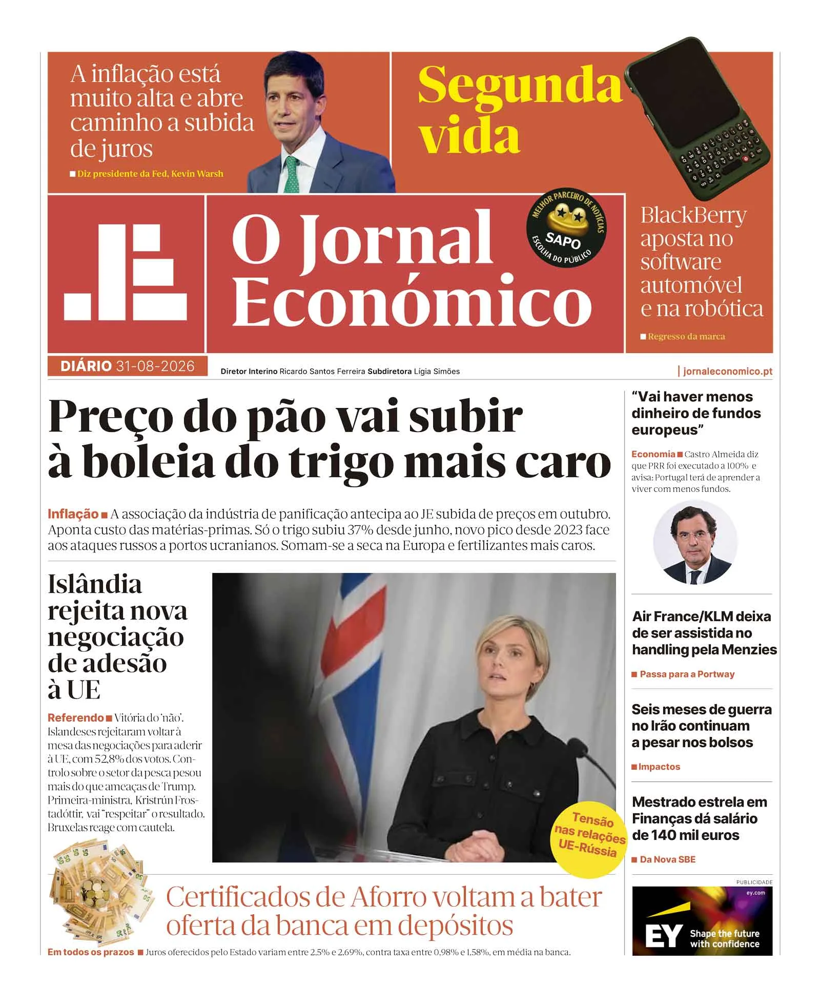 Capa do Jornal Económico de segunda-feira, 31 de agosto de 2026