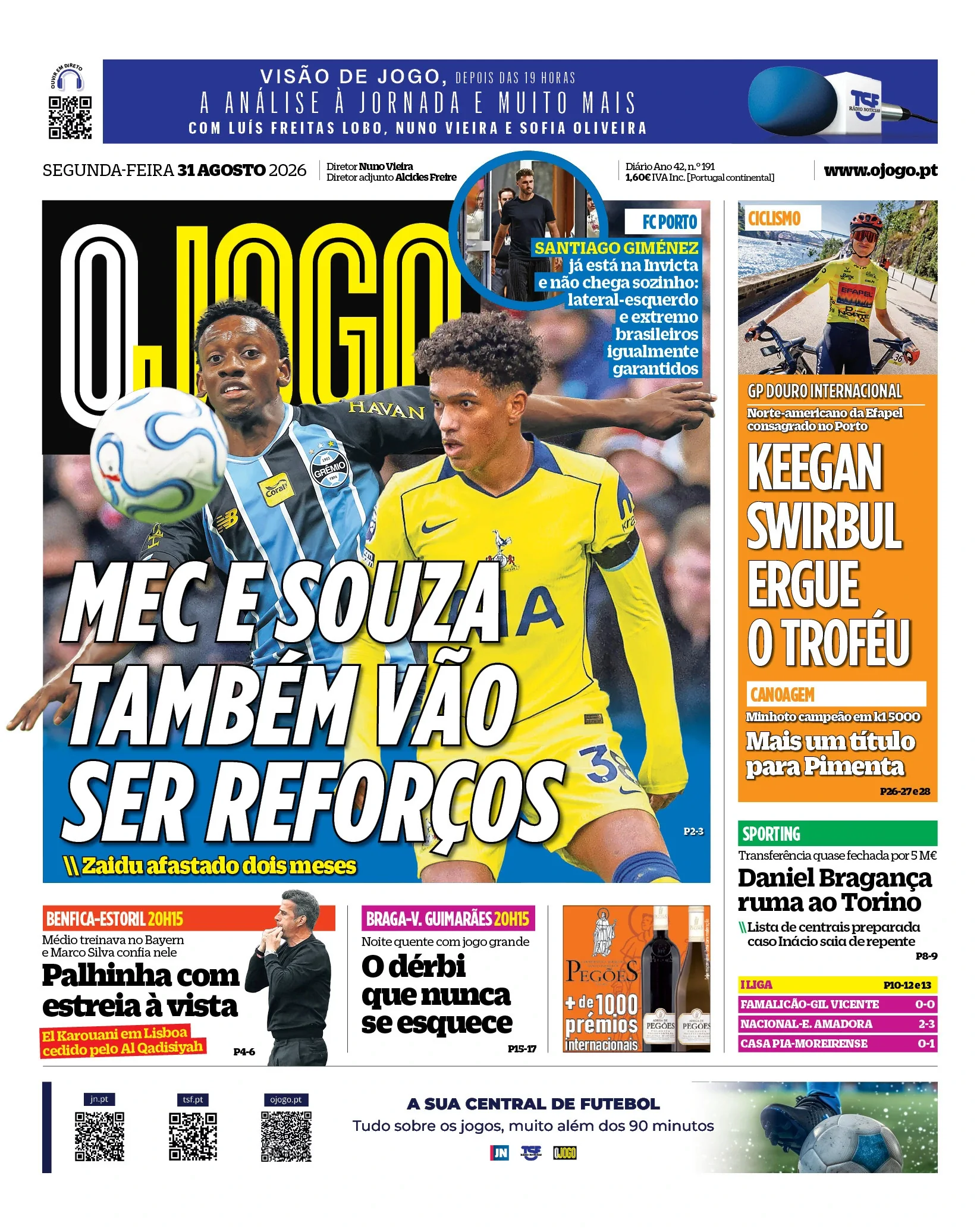Capa do O Jogo de segunda-feira, 31 de agosto de 2026