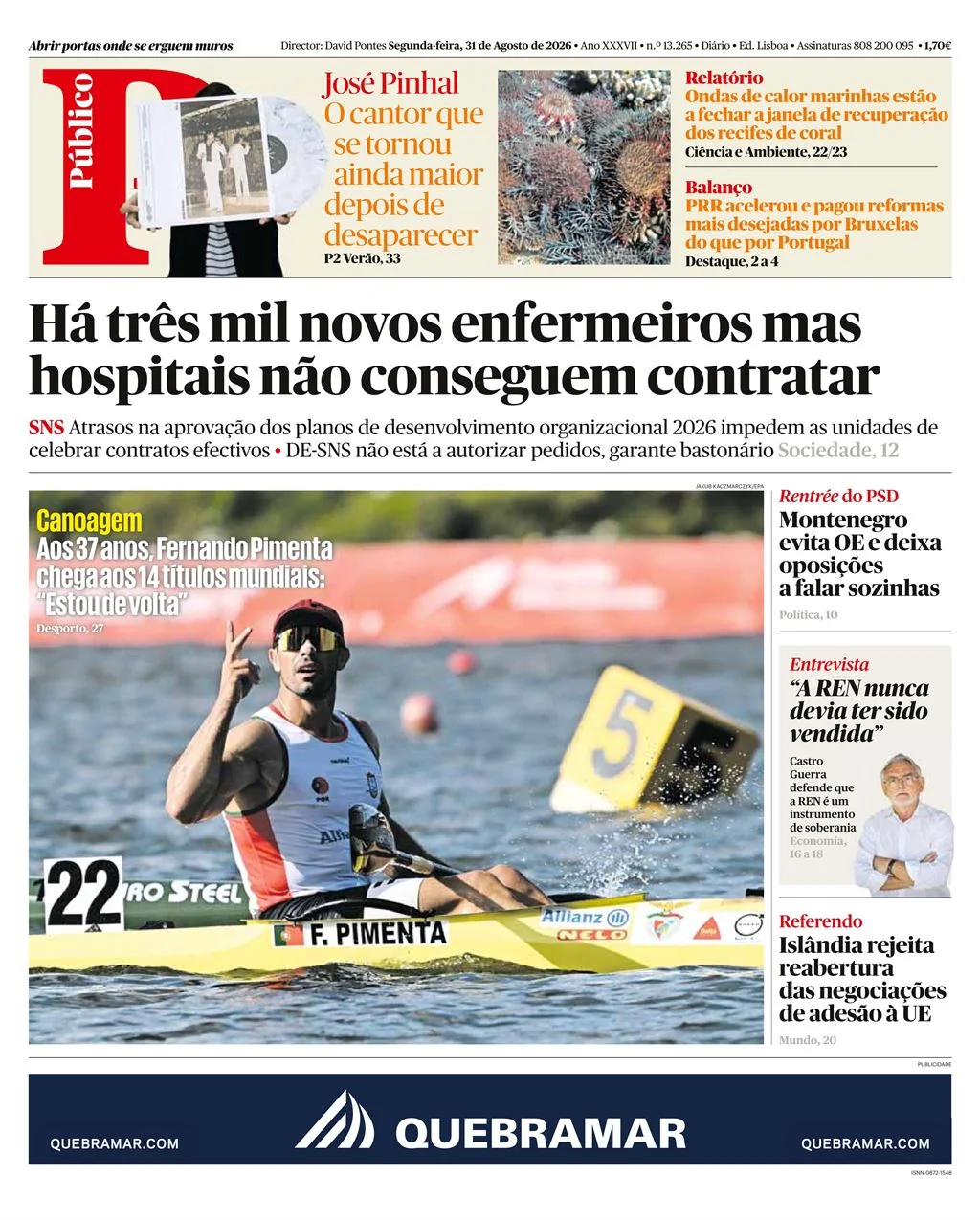 Capa do Público de segunda-feira, 31 de agosto de 2026